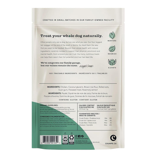 Crumps Naturals chicken mini trainers back label on white and green pouch
