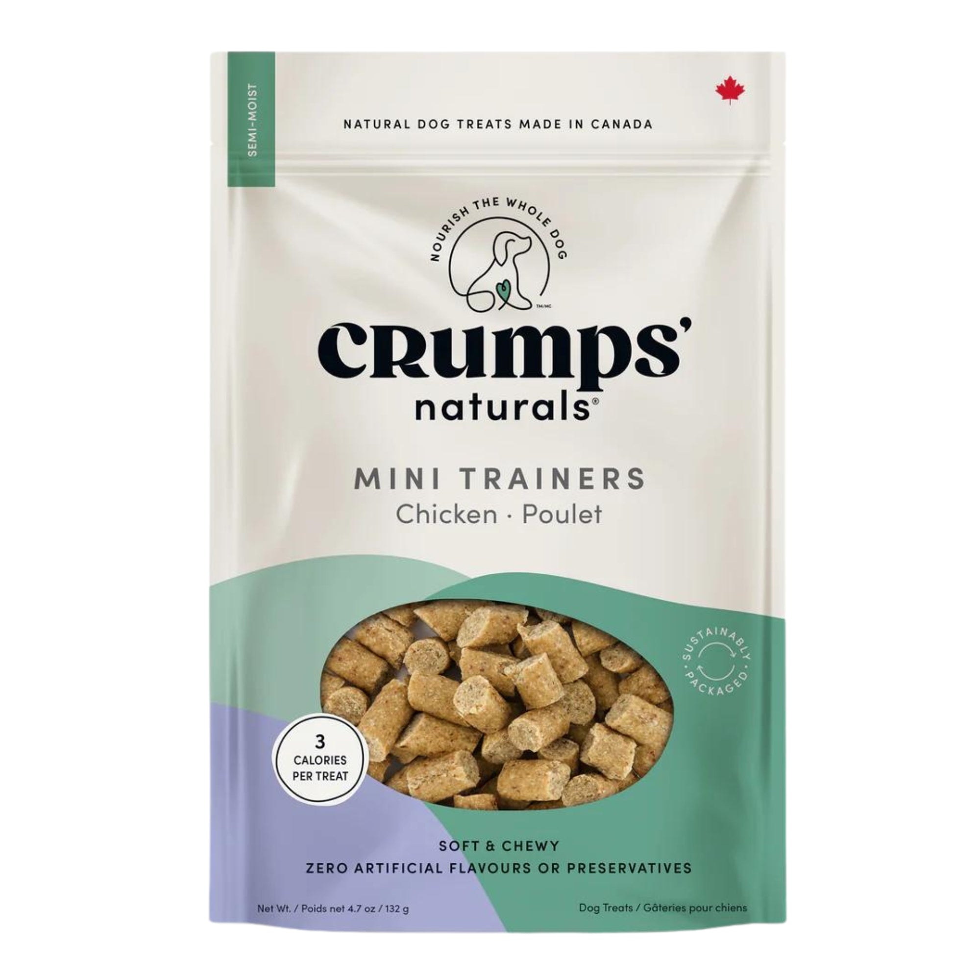 Crumps Naturals mini trainers chicken treat bag, white and green pouch