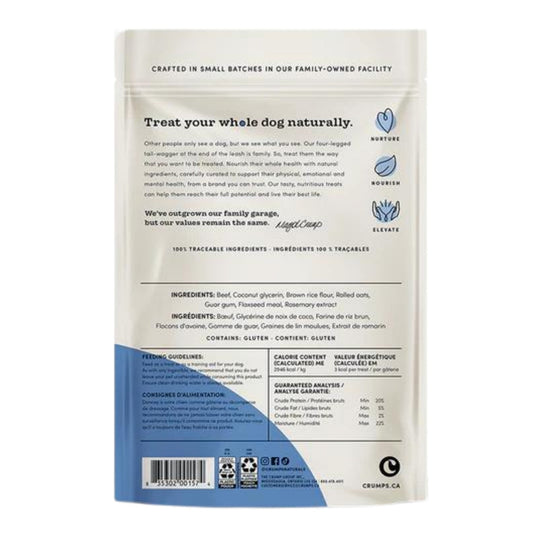 Back of Crumps Naturals beef mini trainers pouch with ingredients and feeding details