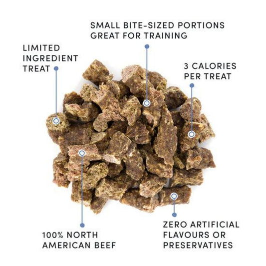 Pile of small beef training treats, bite-sized pieces for dog training