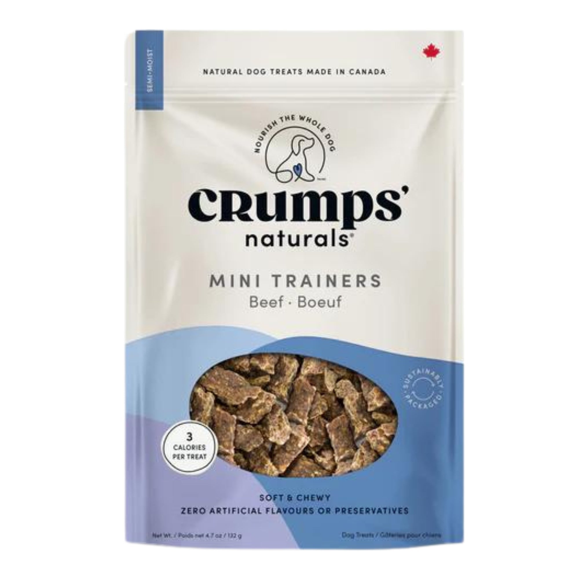Beef mini training dog treat bag, Crumps Naturals, resealable pouch