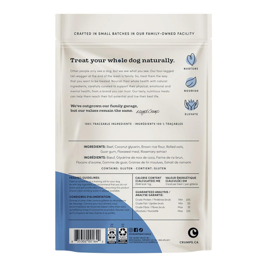 Crumps naturals mini trainers beef dog treat pouch, back panel with feeding info