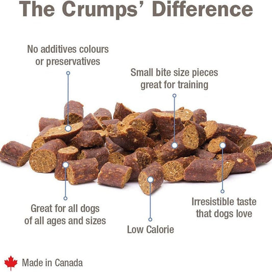 Beef mini trainer dog treats, small brown soft-chewy pieces pile