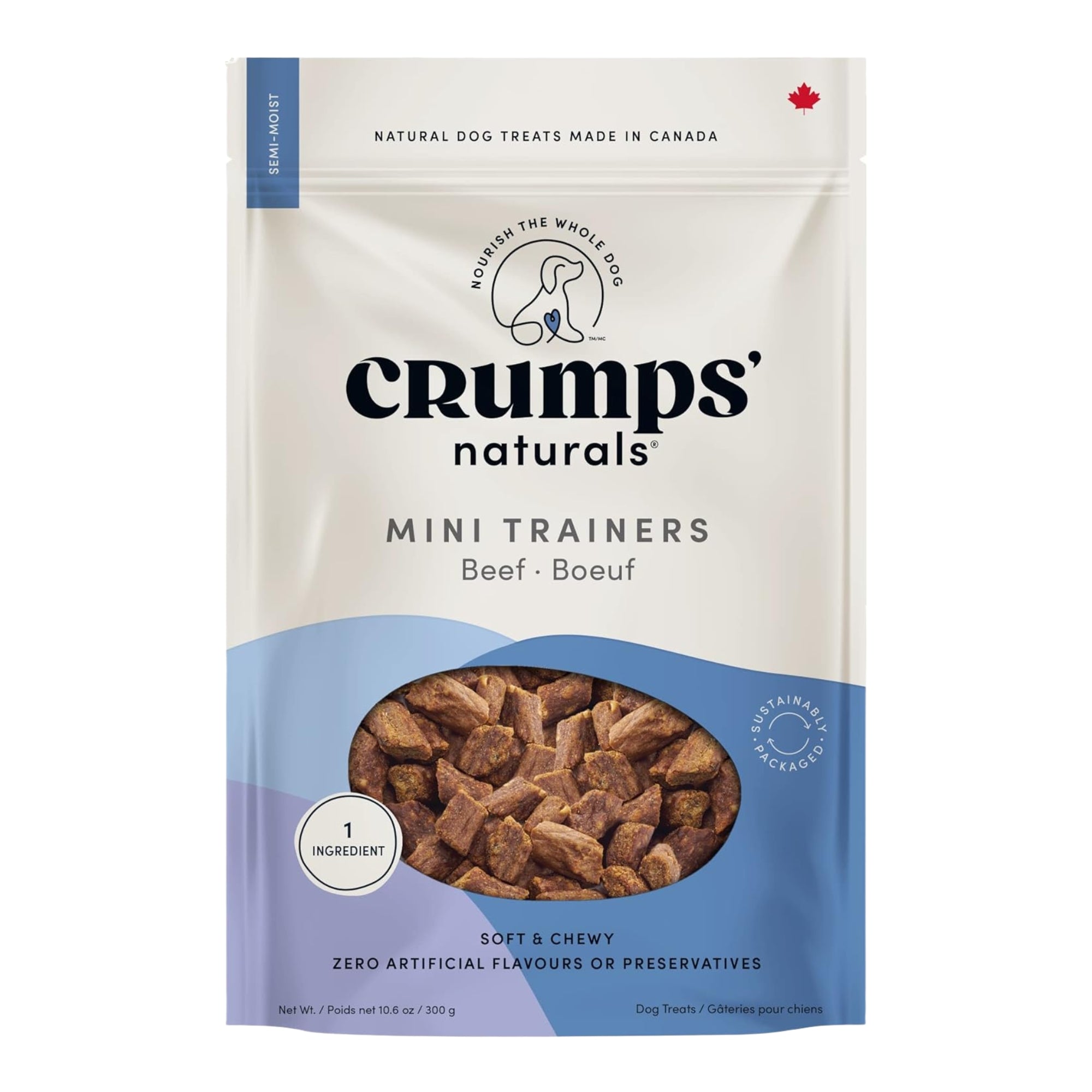 Crumps naturals mini trainers beef dog treat pouch, small brown treat pieces