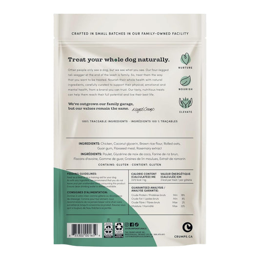Back of dog treat pouch with printed ingredient and feeding information panel