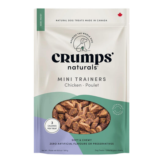 Dog treat pouch with mini trainer chicken snacks, showing small brown treat pieces through window