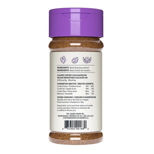 Crumps naturals beef sprinkle dog topper bottle, back label ingredients panel