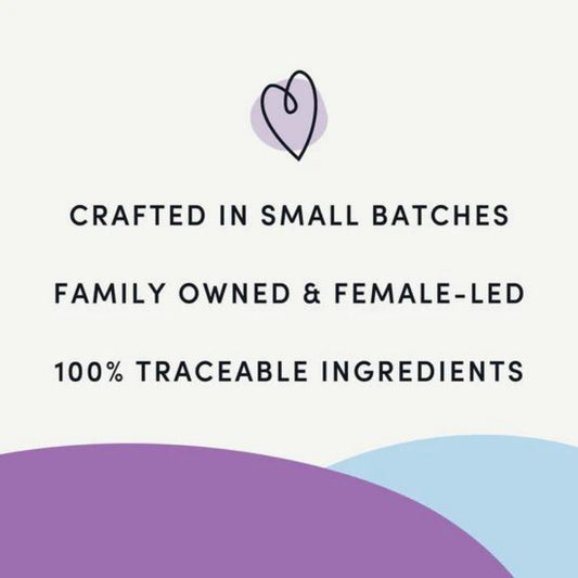 Packaging text: crafted in small batches, family owned & female-led, 100% traceable