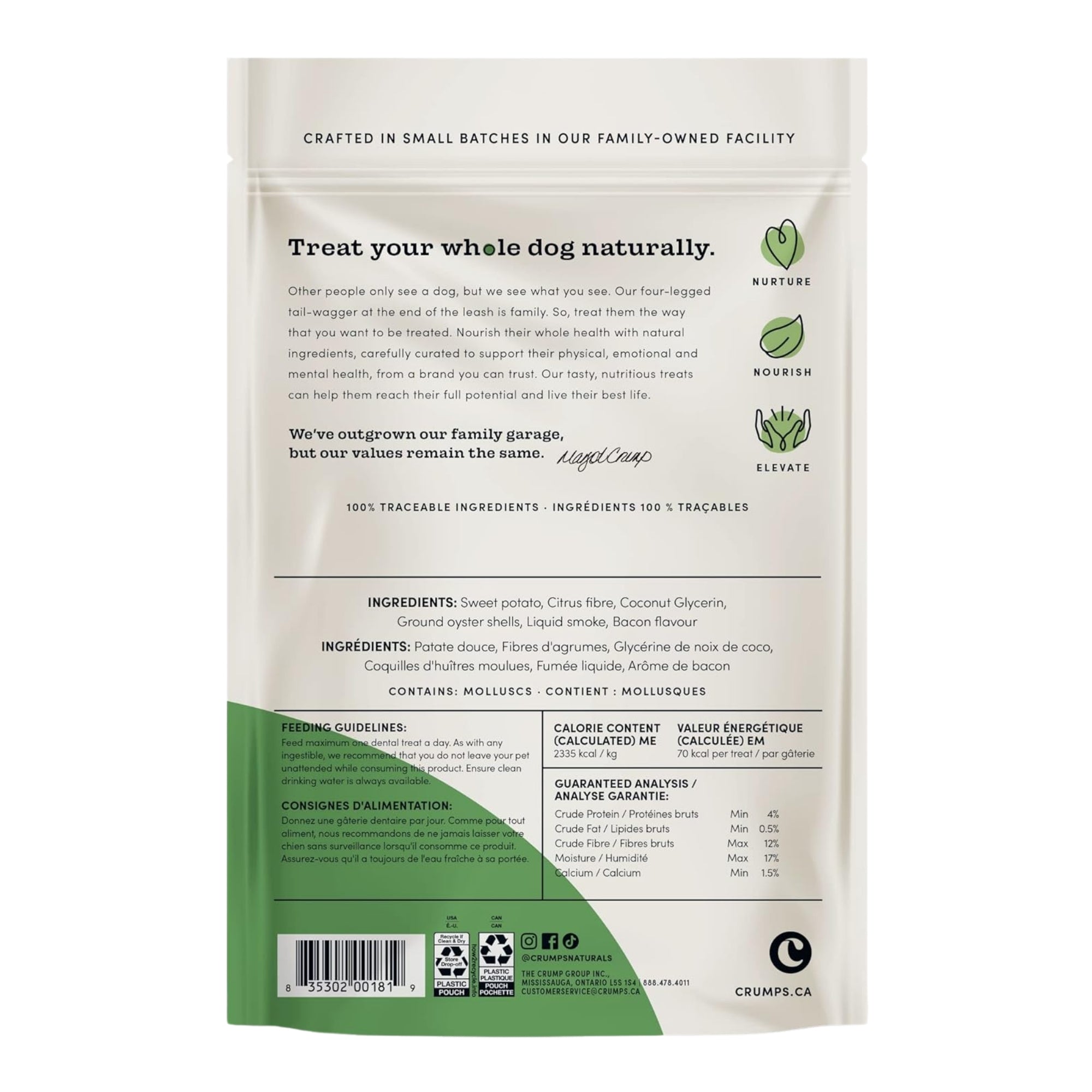 Dog treat pouch back with ingredient list and feeding directions panel