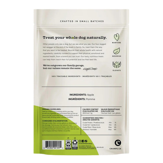 Crumps Naturals Apple Bites dog treat bag, back panel with ingredient and nutrition info