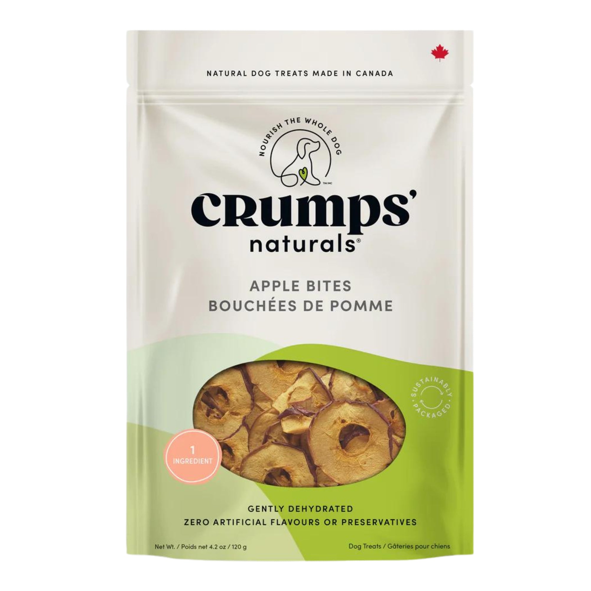 Crumps Naturals Apple Bites dog treat bag, front view with dehydrated apple slices