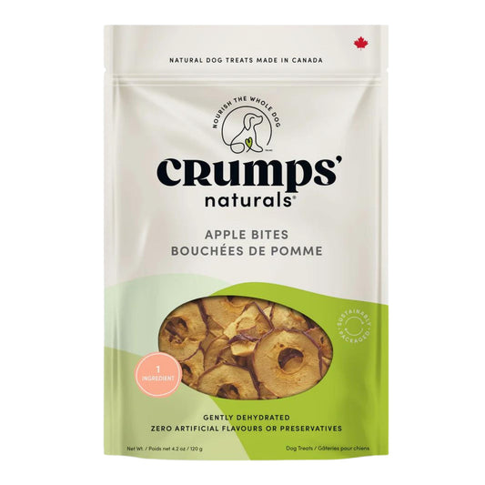Crumps Naturals Apple Bites dog treat bag, front view with dehydrated apple slices