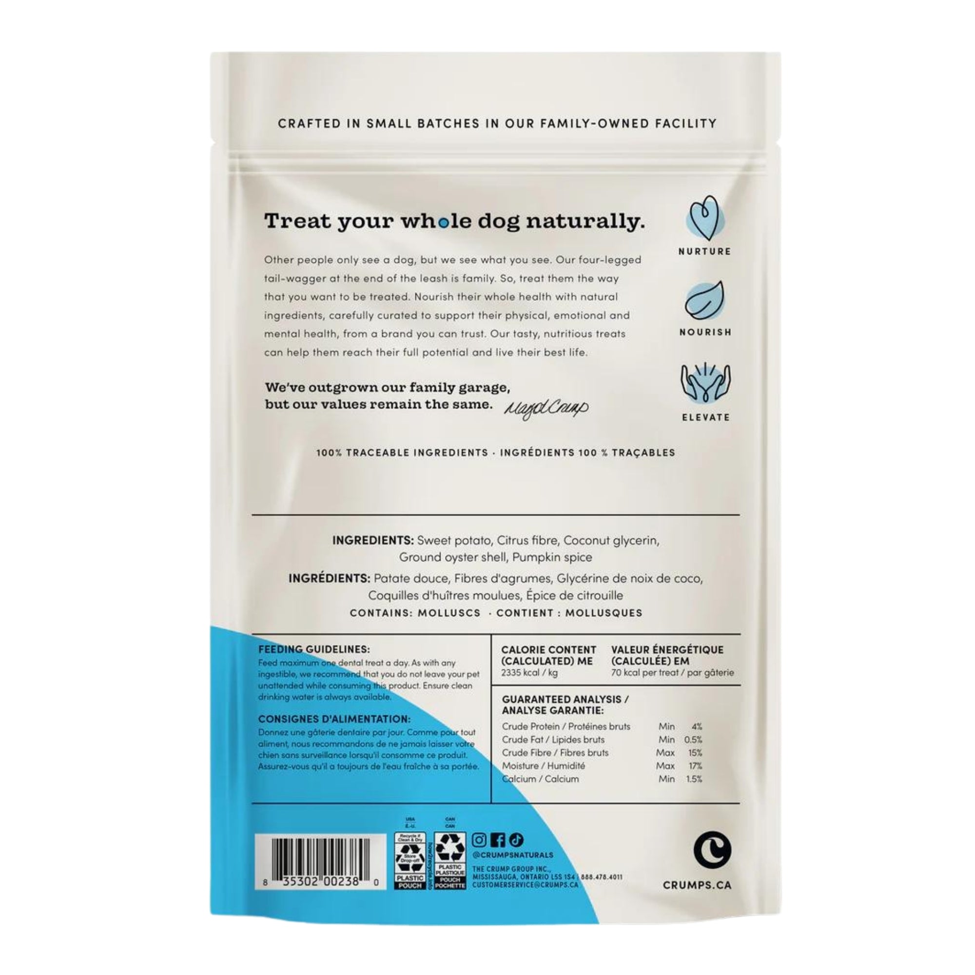 Dog plaque-buster dental sticks back panel with ingredients and nutrition details