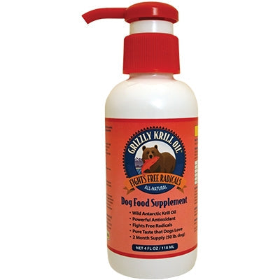 Grizzly Dog Krill Oil supplement bottle with red pump, 4 oz.