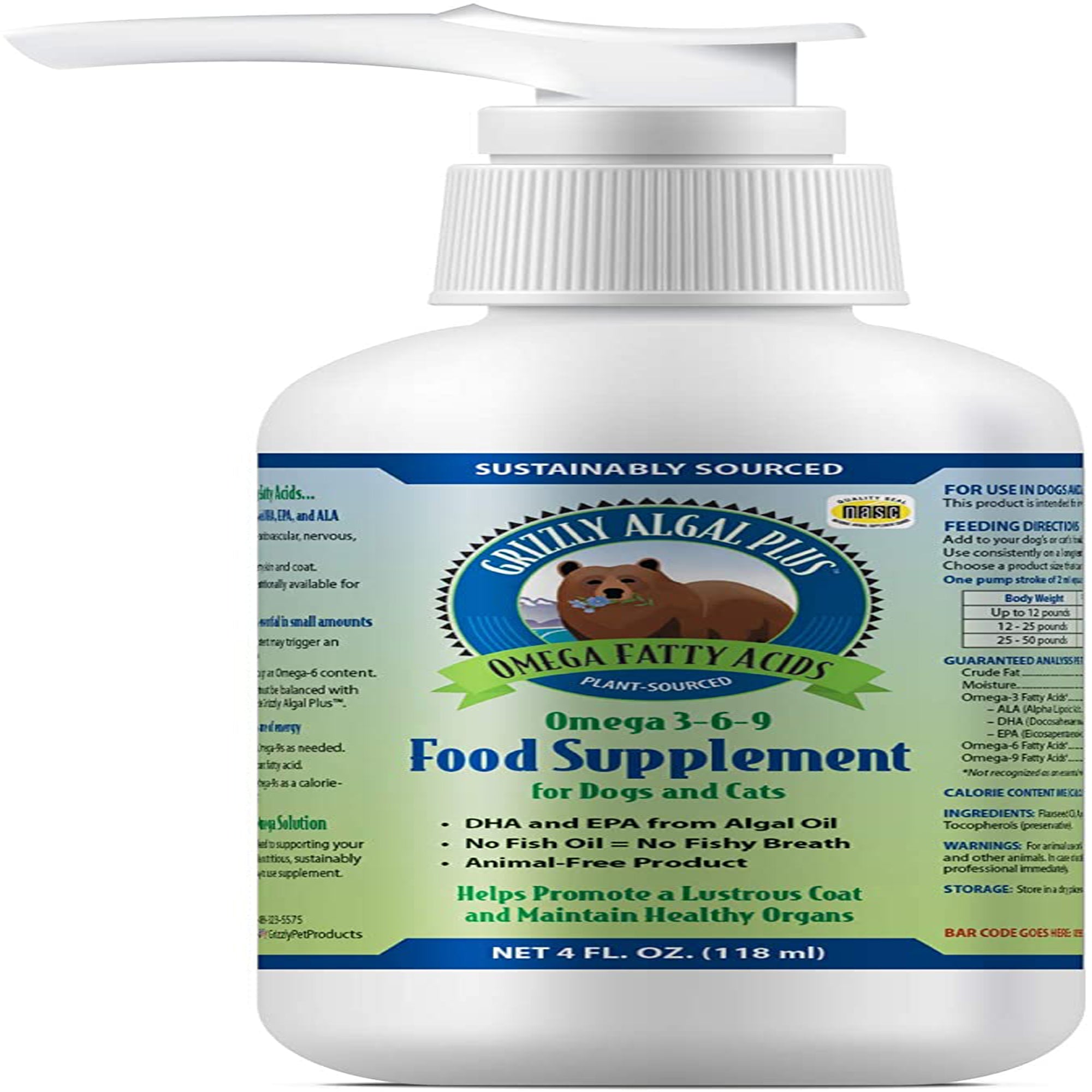 Algal oil food supplement bottle with omega fatty acids label, 4 oz