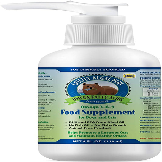 Algal oil food supplement bottle with omega fatty acids label, 4 oz