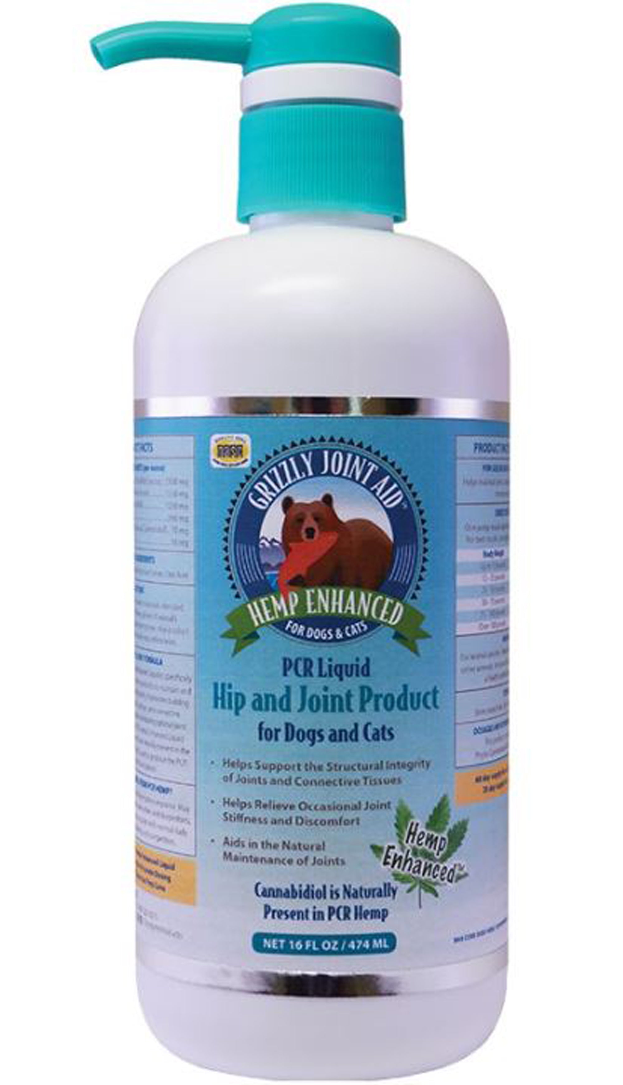 16 fl oz dog and cat joint aid PCR liquid bottle with teal pump cap