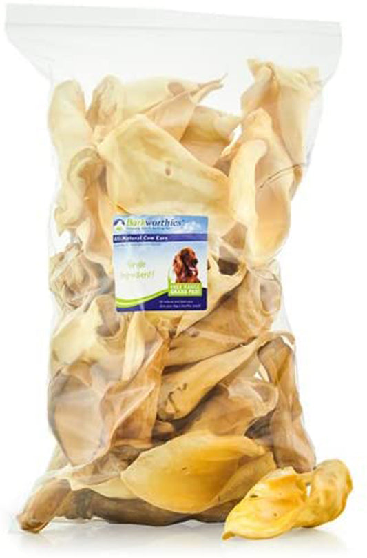 Barkworthies cow ear dog treats, dried pale tan ear chews in bag