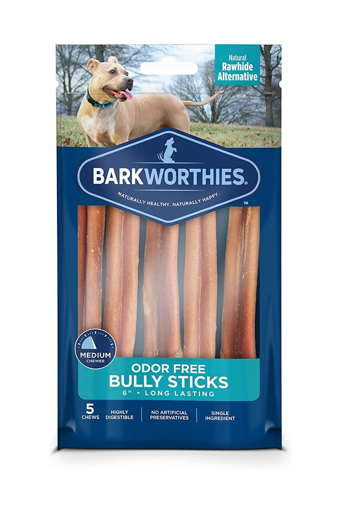 Barkworthies odor-free bully sticks dog treats, medium 6-inch, 5-pack