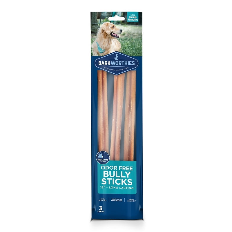 Barkworthies odor-free bully stick treats, 3 count package, 12 in long