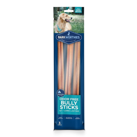 Barkworthies odor-free bully stick treats, 3 count package, 12 in long