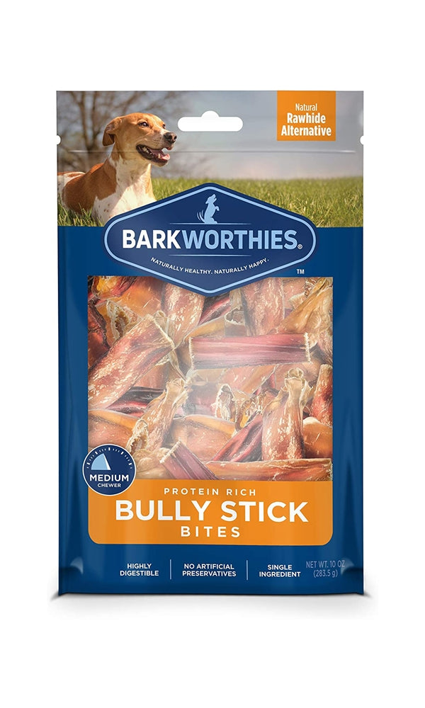 Barkworthies Bully Stick Bites medium protein-rich dog treat bag, 10 oz
