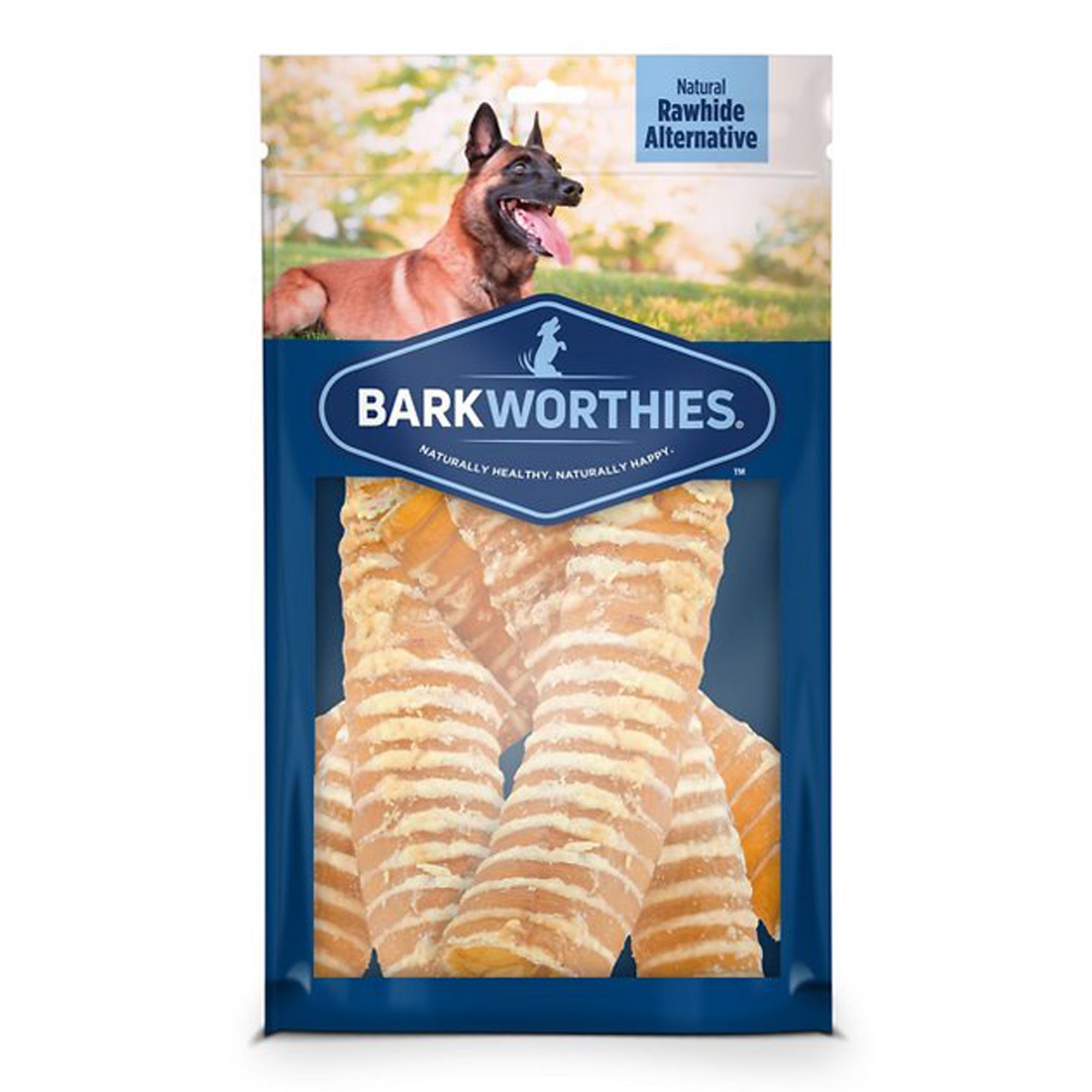 Barkworthies beef dog trachea chews in package, natural white alternative