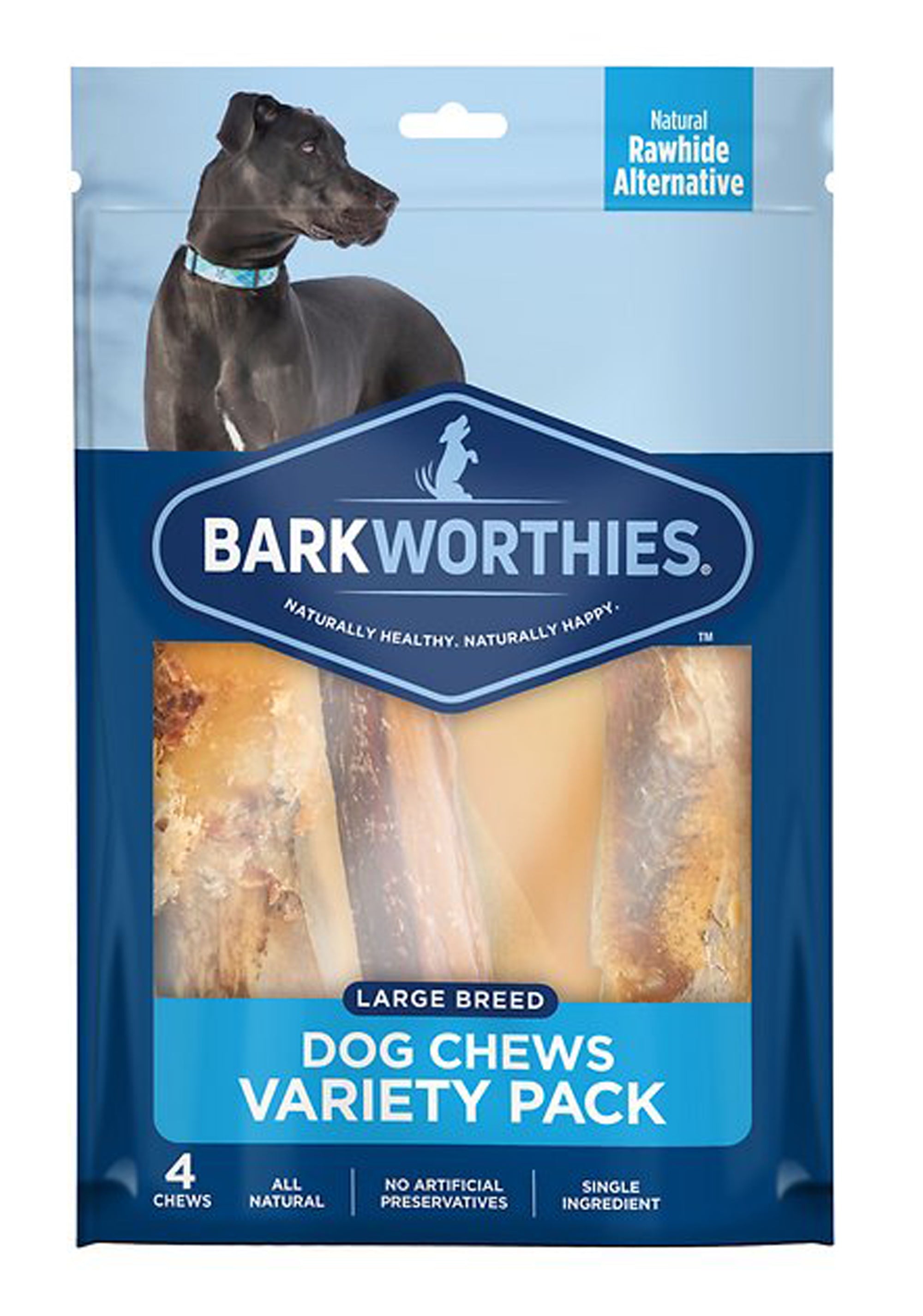 Large breed dog chews variety pack bag, Barkworthies rawhide alternative, 4 chews