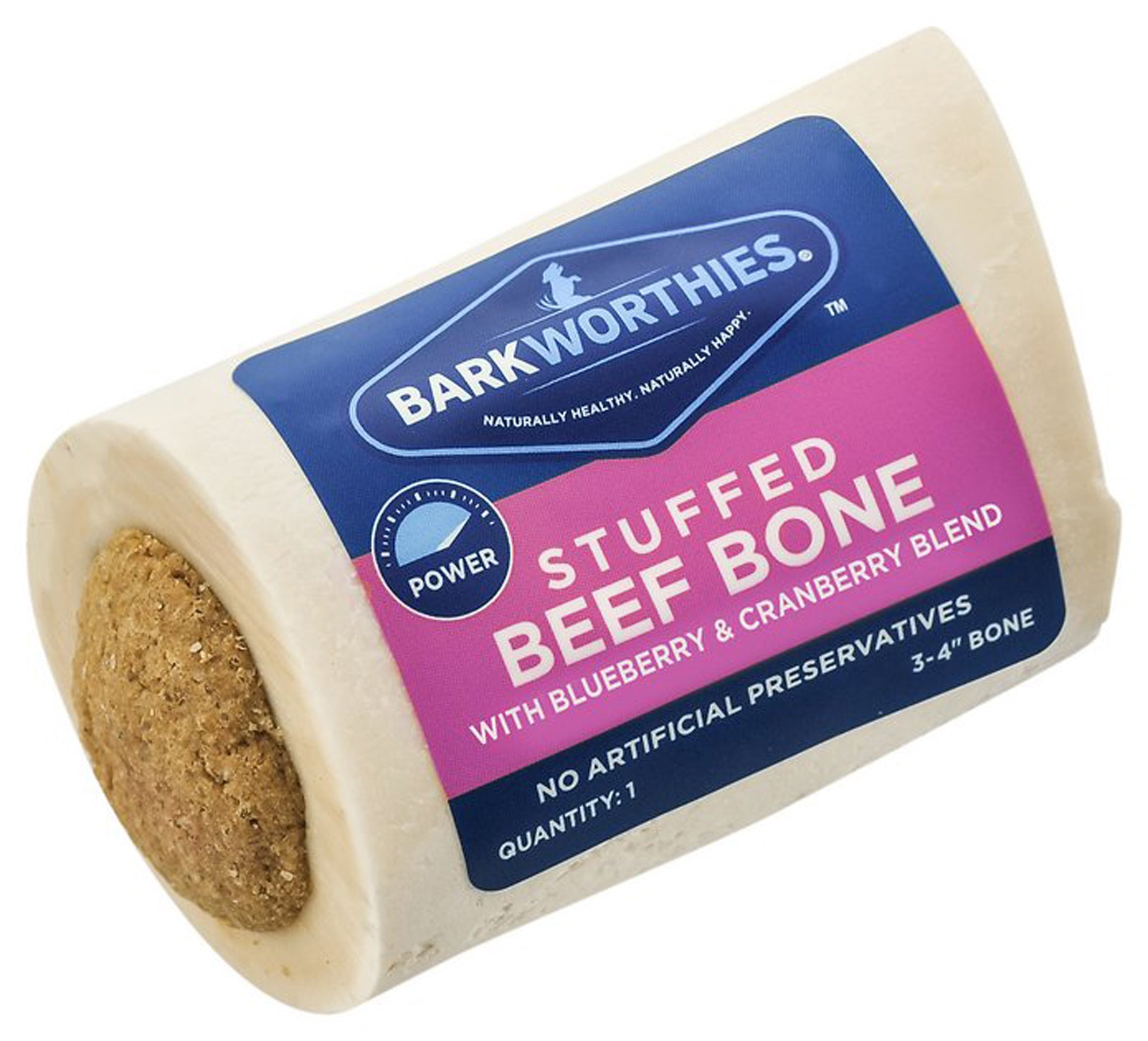 Beige stuffed beef shin bone dog treat, 3–4 inch, with blueberry & cranberry blend