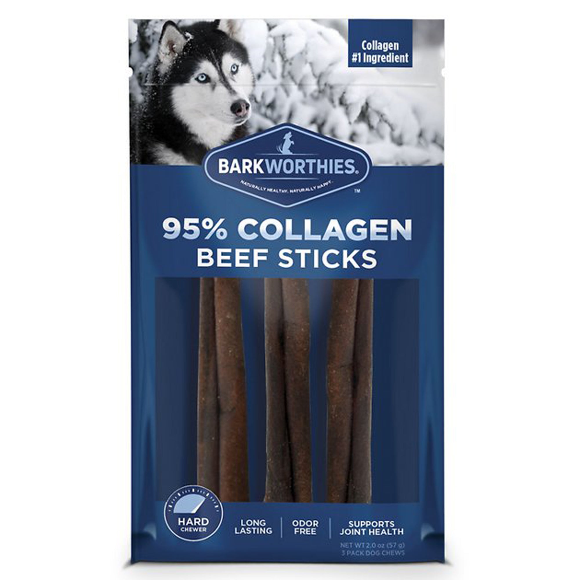 Barkworthies 95% collagen beef stick dog treats, 3-pack package front