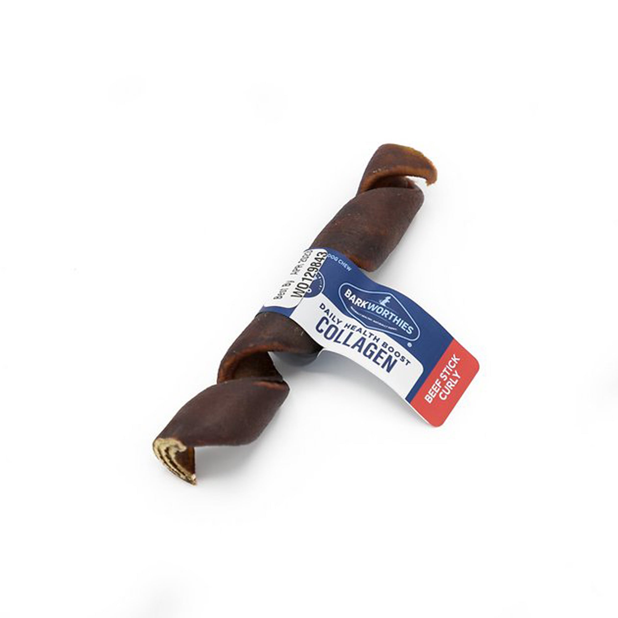 Curly beef stick dog treat with Barkworthies Collagen label