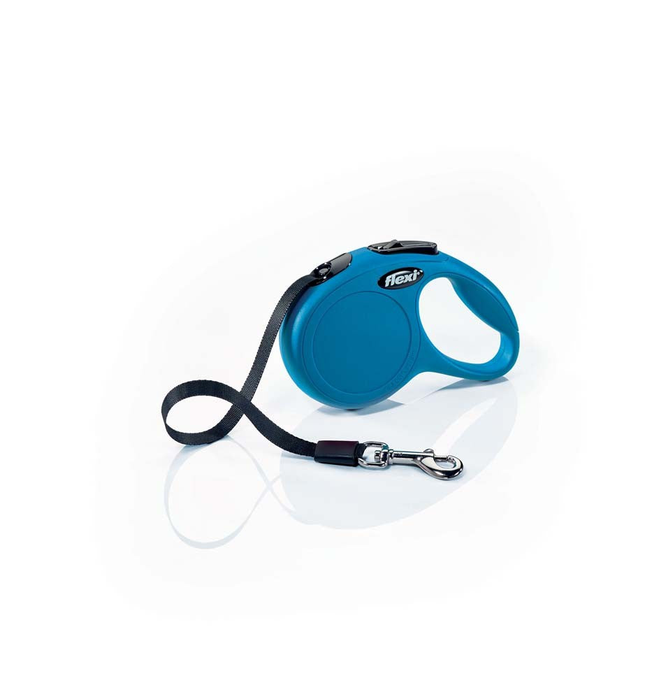 Flexi retractable blue tape dog lead with wrist strap and metal clip