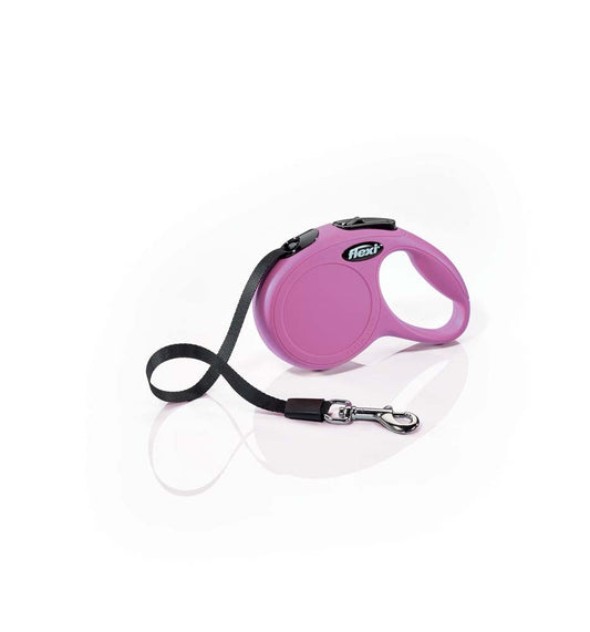 Pink retractable tape dog lead with black strap and metal clasp