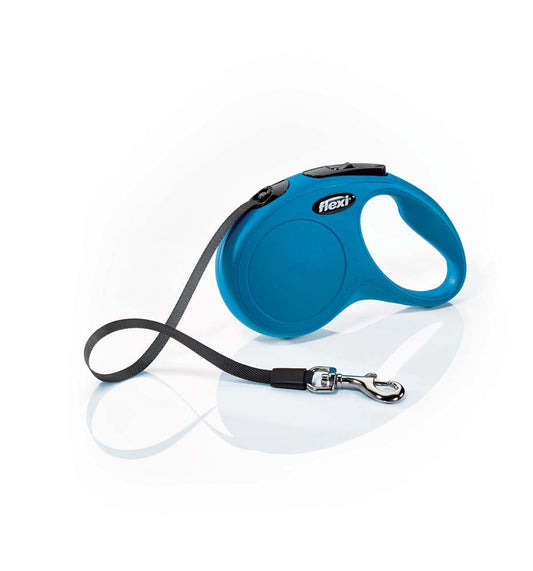 Blue retractable tape dog lead with wrist strap and metal clip, small size