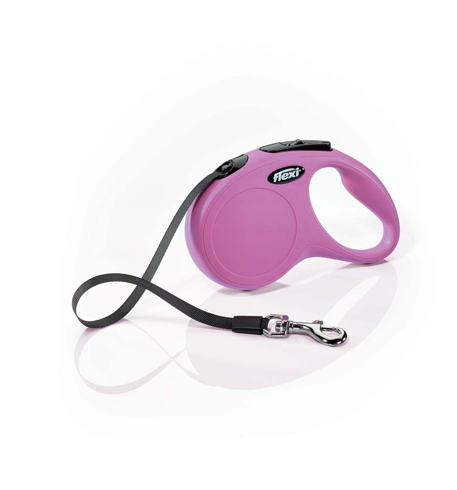 Retractable tape dog lead, pink with black wrist strap and Flexi clasp