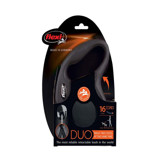 Black retractable duo cord dog leash, retail package, 16 ft