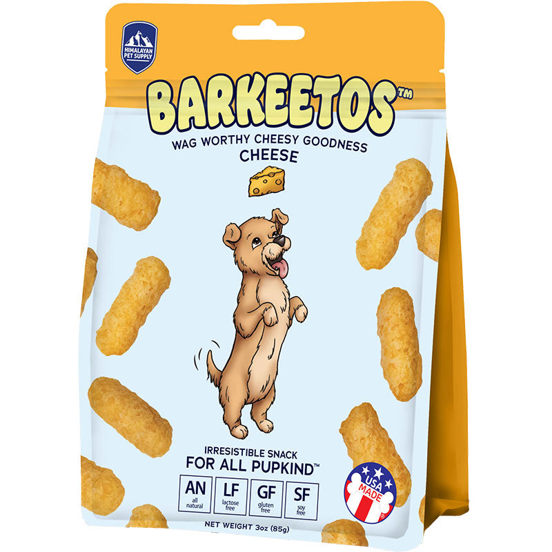 BarkEetos cheese dog treats, 3 oz bag with puppy and cheese graphic