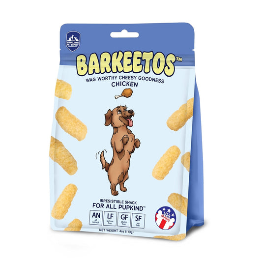 Barkeetos chicken dog treat pouch with cheese-coated strips