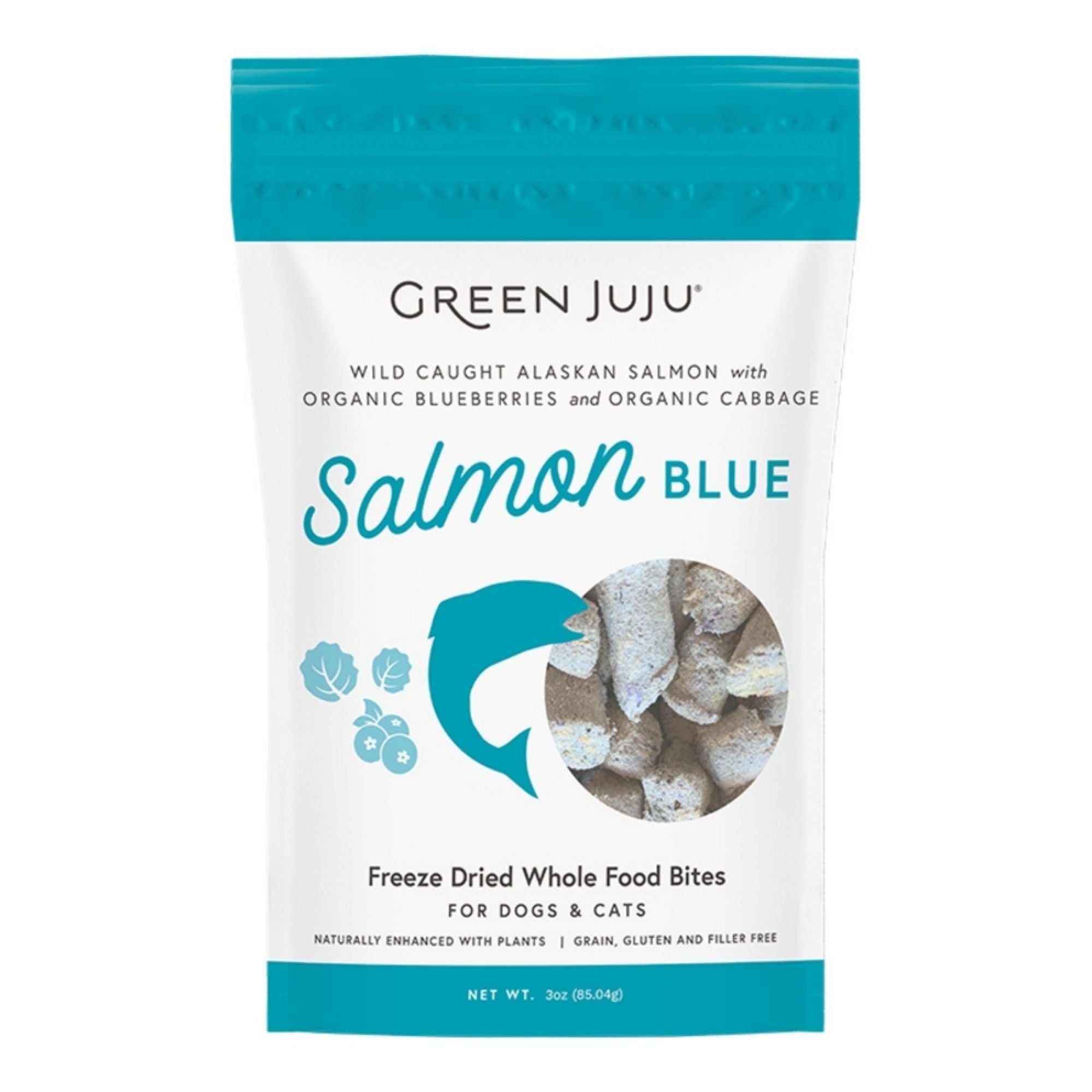Freeze-dried whole food bites pouch for dogs and cats, white with blue header