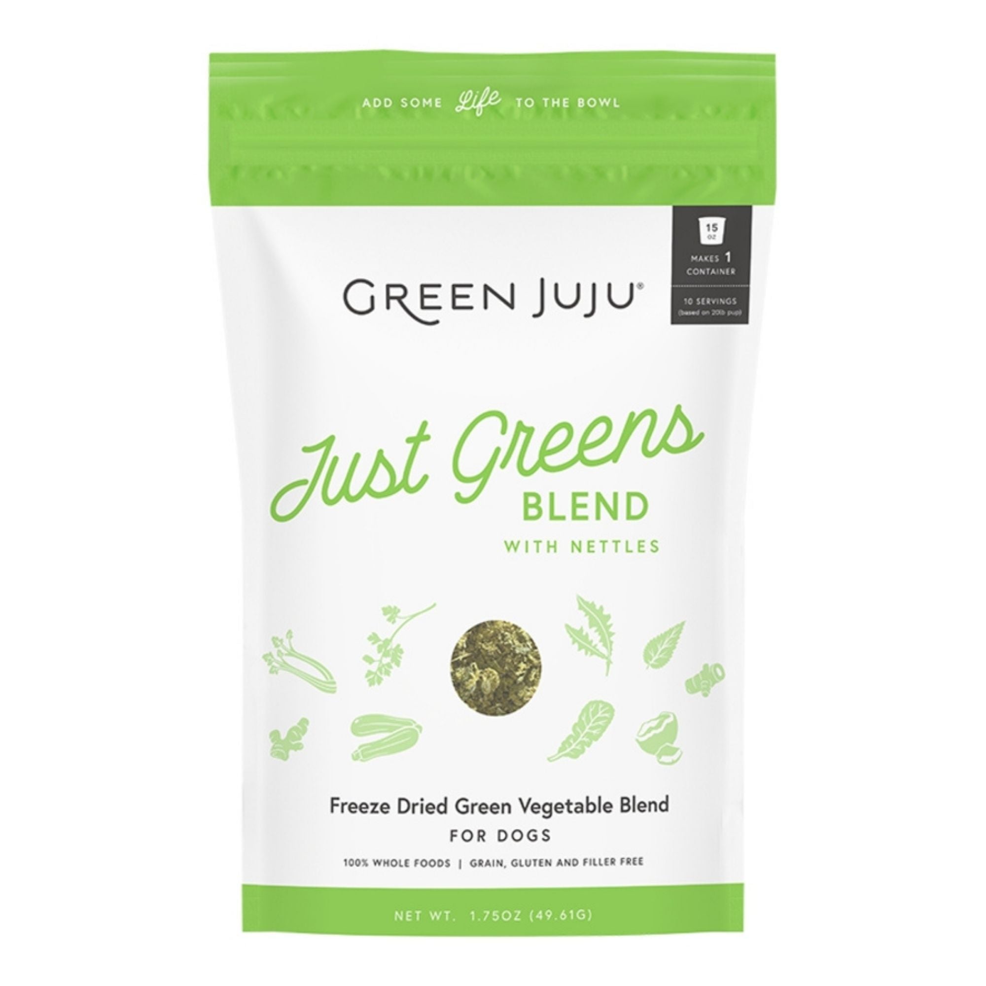 Green Juju freeze-dried vegetable blend bag, green and white “Just Greens Blend” label