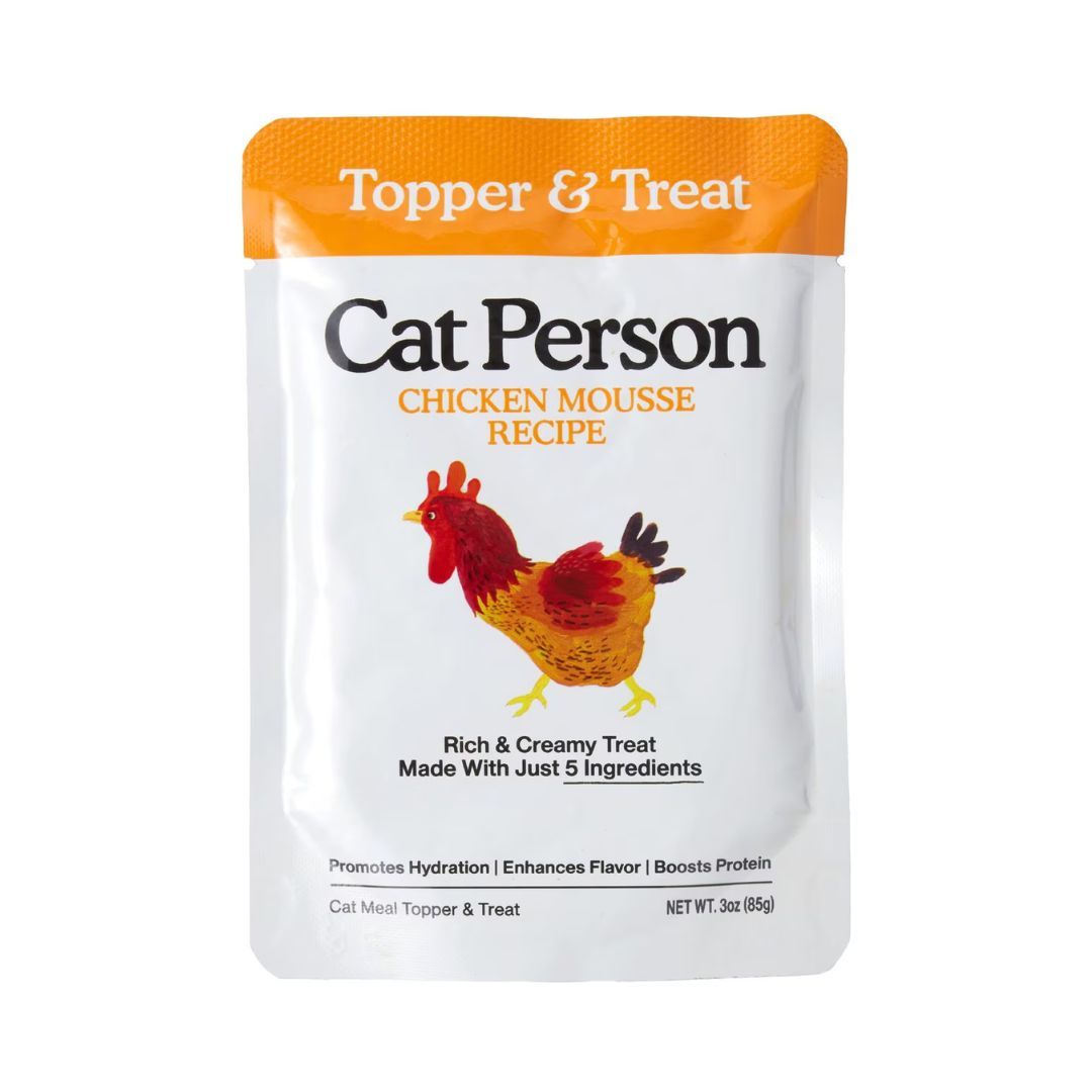 Chicken mousse cat treat pouch, white bag with orange seal and recipe label