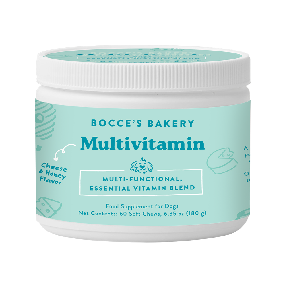 Bocce's Bakery dog multivitamin supplement jar with teal label and white screw-top lid