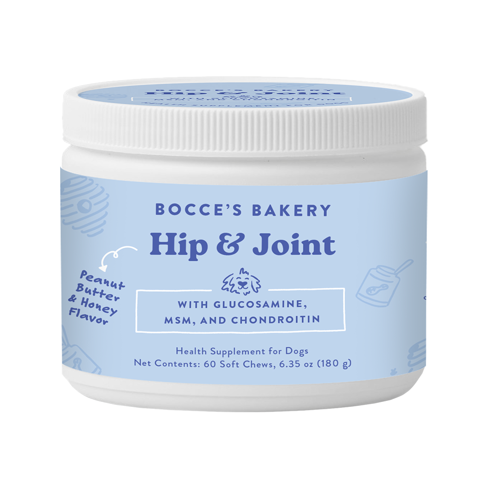 Bocce's Bakery Hip & Joint dog supplement jar with blue label and white lid