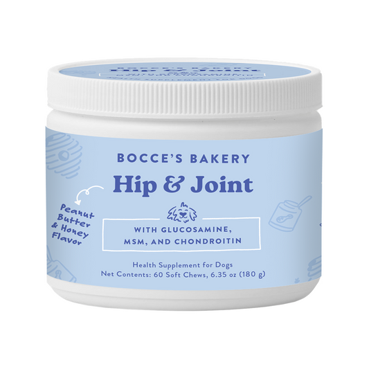 Bocce's Bakery Hip & Joint dog supplement jar with blue label and white lid