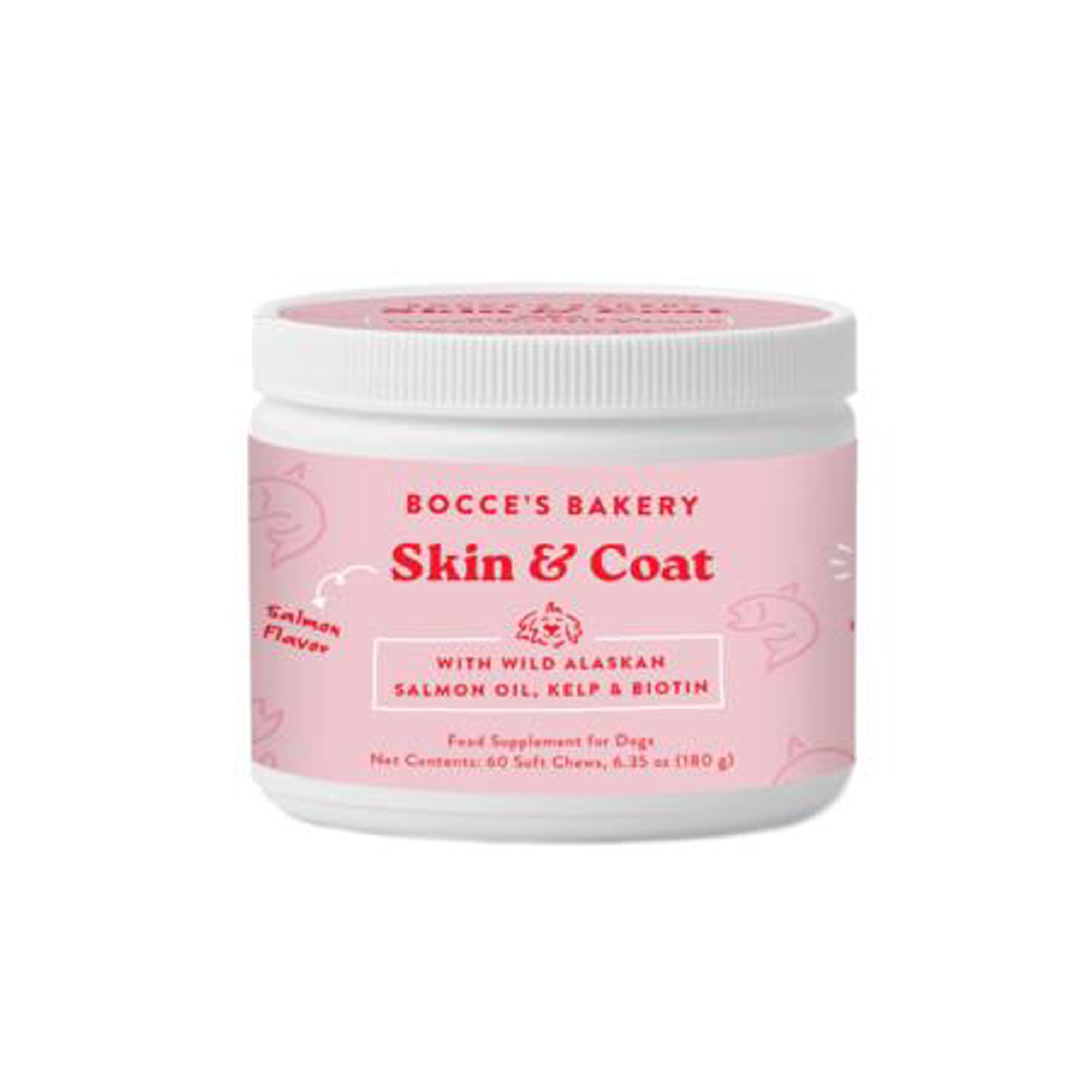 Dog Skin & Coat supplement jar, pink front label; screw-top lid, 6.35 oz