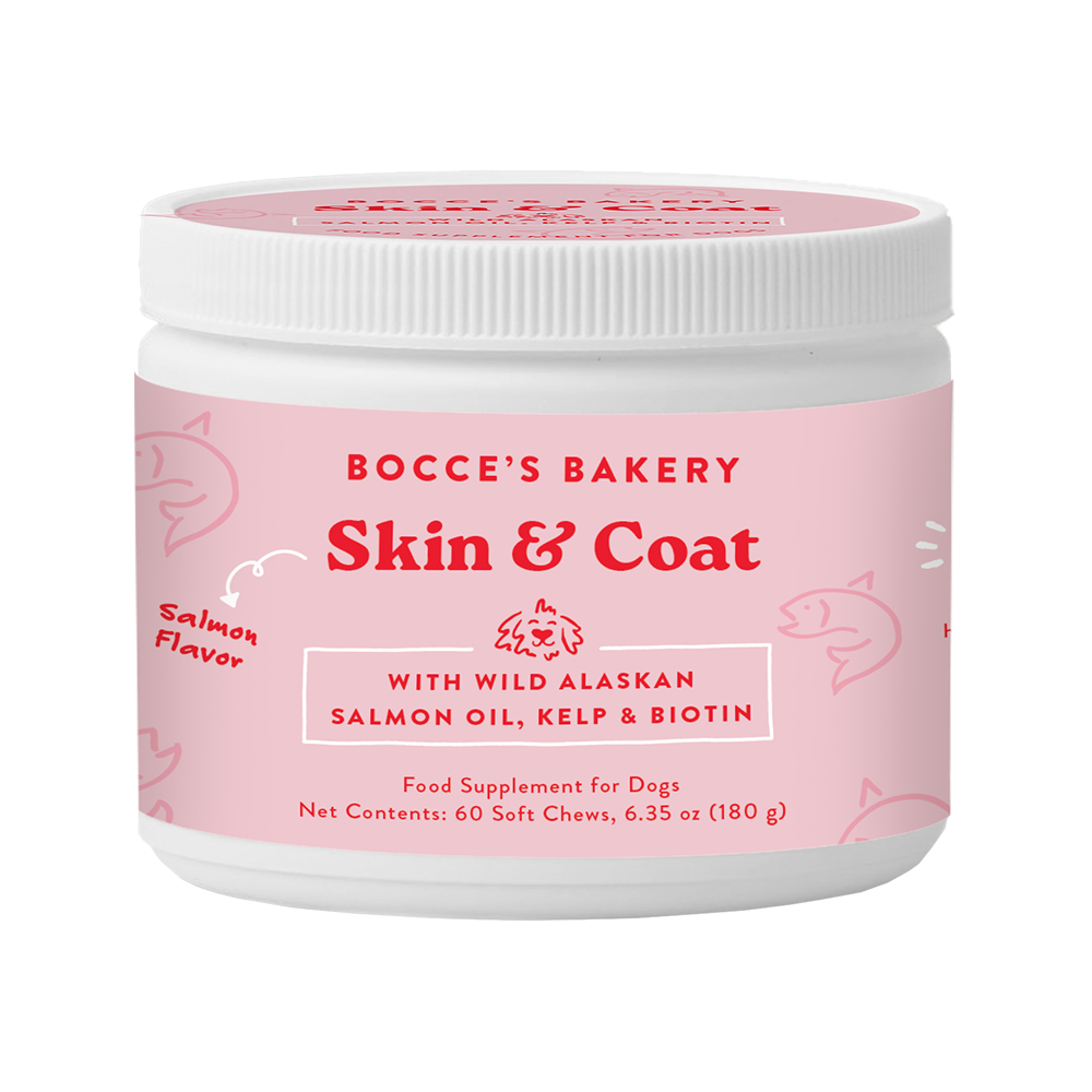 Dog Skin & Coat supplement jar with salmon oil, kelp & biotin, 6.35 oz pink label
