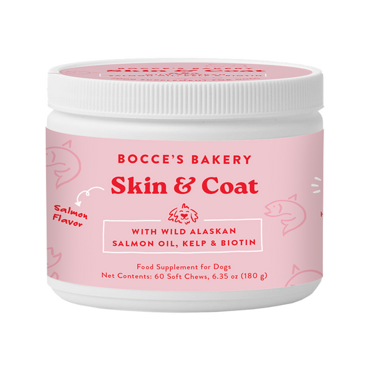 Dog Skin & Coat supplement jar with salmon oil, kelp & biotin, 6.35 oz pink label