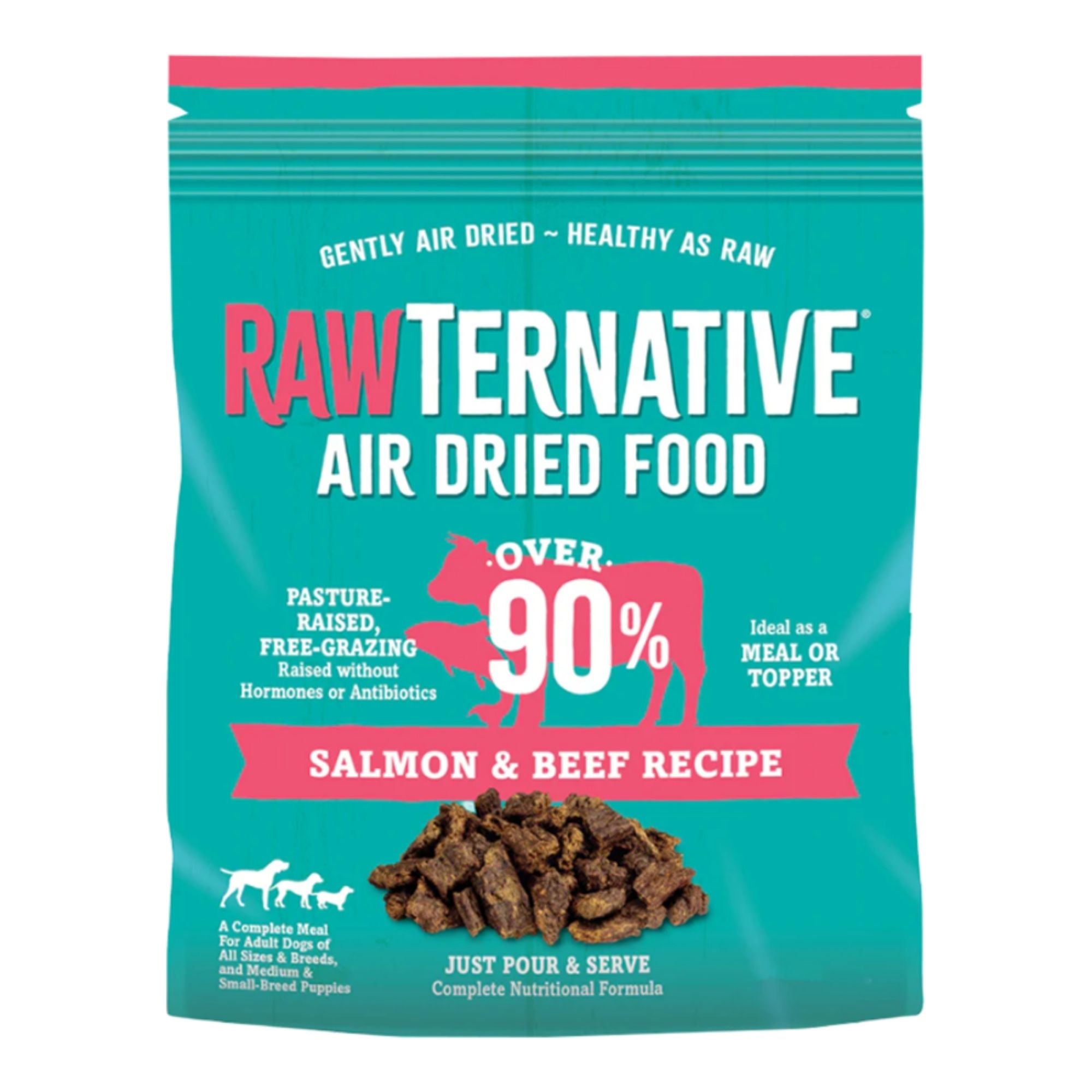 RawTernative air dried dog food bag, salmon & beef recipe, turquoise packaging
