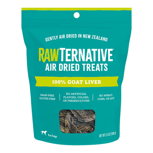 Air-dried goat liver dog treat bag, teal with RawTernative branding, 3.5 oz