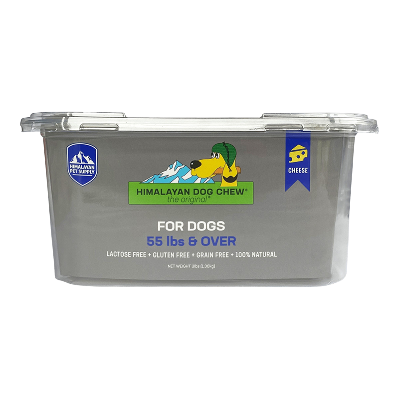 Extra-large dog chew tub in clear plastic, cheese label on the front